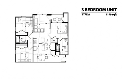 Floor plan for 3 beds, 2 baths, 1199 sqft